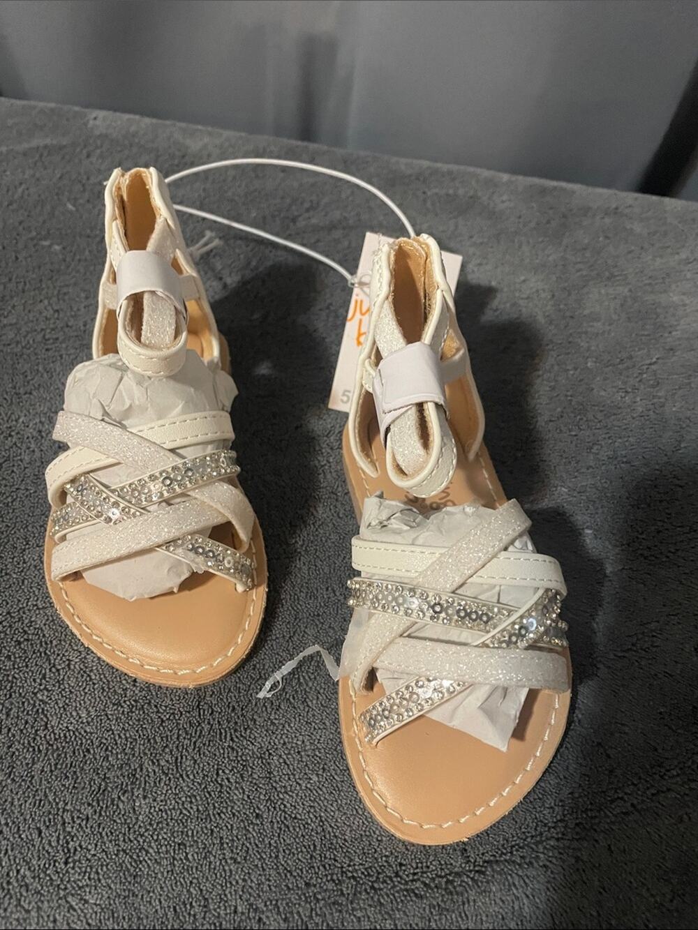 jumping beans Cream Rhinestone Strappy Ankle Sandals Easy Zip Size 5
